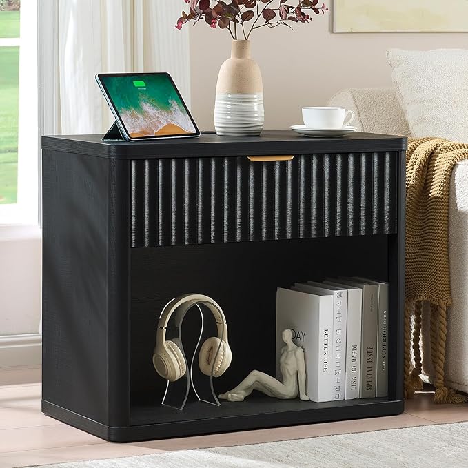 LEYAOYAO 31" Wide Fluted Nightstand Set of 2 with Charging Station, Oversized Extra Large 1 Drawer Night Stand with Golden Handle, Black Wood Bedside Table Tall End Tables,for Bedroom, Living Room