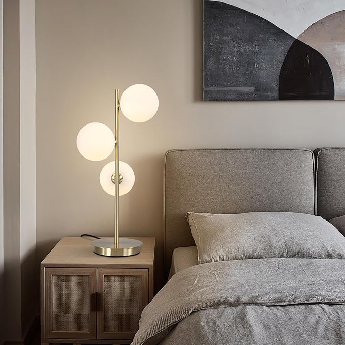 Modern Glass Globe Table Lamp 3 Lights Mid Century Small Gold Desk Lamp Contemporary Minimalist Brass Bedside Table Lamps with White Glass Shade Reading Lamp for Bedroom Office G9 MTL03-W