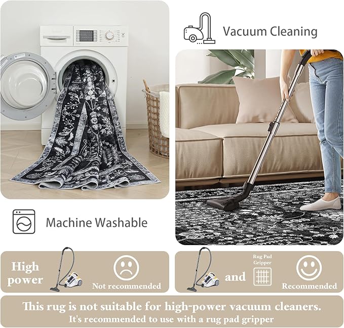 Area Rugs 6x9, Machine Washable Rugs 6x9 Black Large Rug Indoor Floor Non Silp Carpet Distressed Vintage Rug for Bedroom Dining Room Home Office | Black