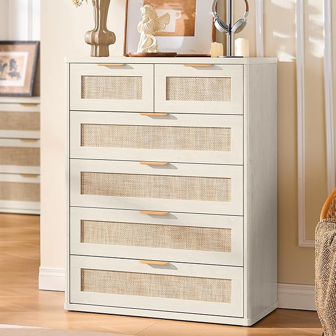 LEYAOYAO White Dresser for Bedroom, 41" Tall Chest of Drawers, Modern 6 Drawers Boho Rattan Dressers with Storage, Dresser Wooden Closet Organizer for Living Room, Hallway
