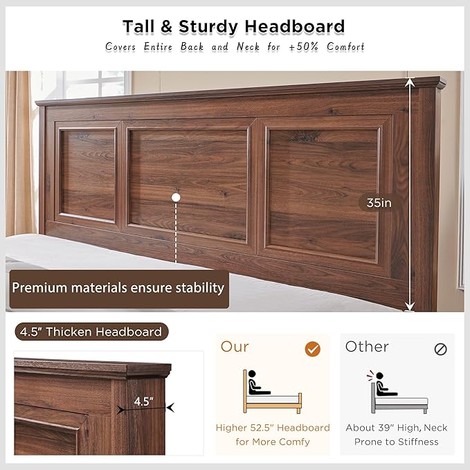 ACCOHOHO Farmhouse King Size Bed Frame with 52" Tall Headboard, Wood Platform Bedframe with Footboard and Storage Drawers, No Squeak, No Box Spring Needed, Brown