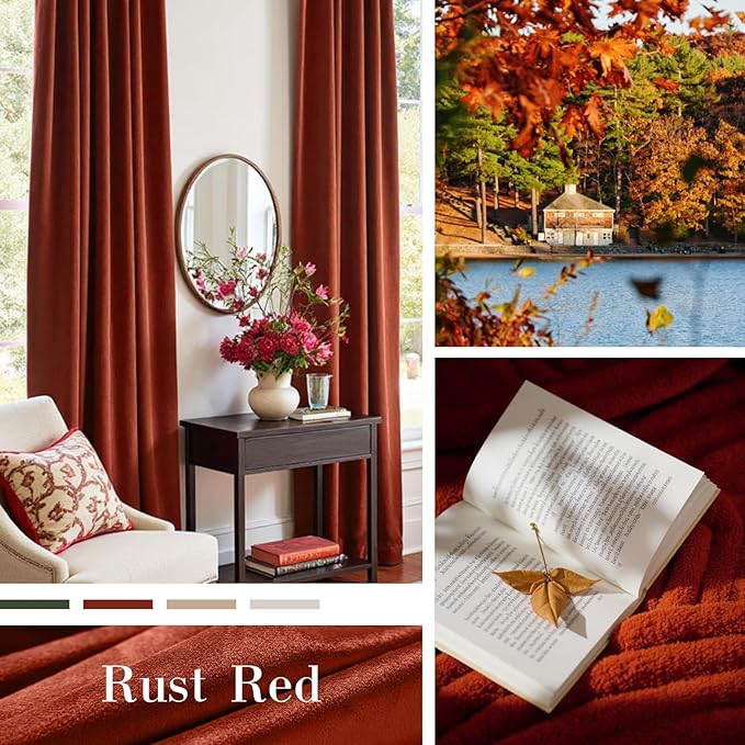 Lazzzy Velvet Blackout Curtains Thermal Insulated Room Window Drapes Super Soft Luxury Curtains for Living Room Bedroom Rod Pocket 2 Panels, Rust Red, 52" W x 120" L