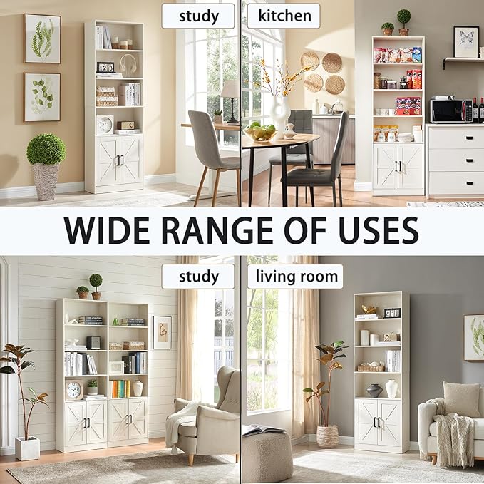 70in Tall Bookshelf 6 Tier Bookcase with Barn Doors and Adjustable Shelf, White Farmhouse Book Shelves with Storage Cabinet,Wood Floorstanding Display Bookshelve for Bedroom,Living Room,2 Piece