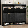 Fluted Shoe Cabinet Storage with 4 Flip Drawers, Narrow Shoe Storage Organizer for Entryway, Hidden Slim Wooden Shoe Rack Cabinet for Front Door Entrance, Hallway, Living Room (4-Drawer, Black)