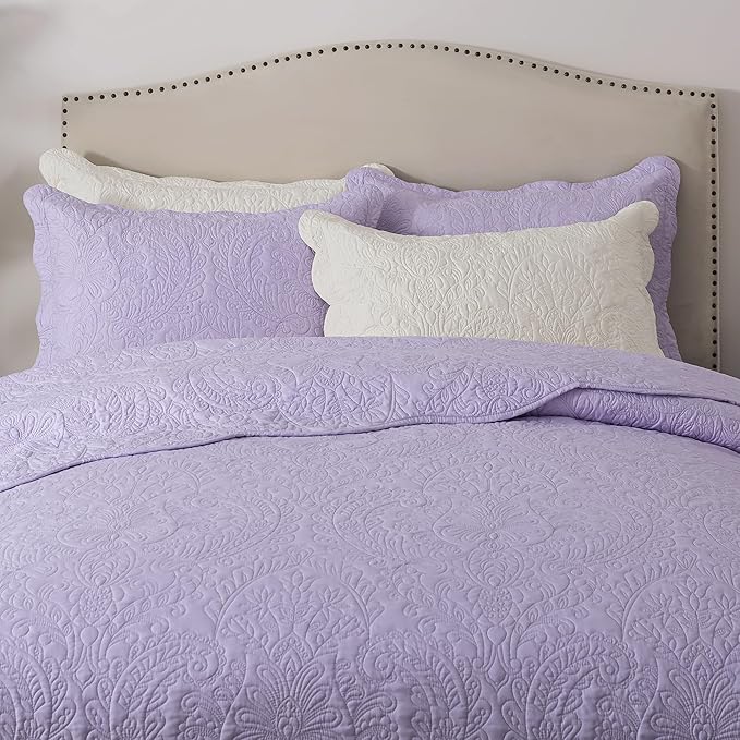 HoneiLife Quilt Sets King Size - Microfiber Bedspreads for King Bed, 3-Piece Lightweight Coverlets, Retro Bedlinen Sets, King Quilt Bedding Set All Season Use-Light Purple