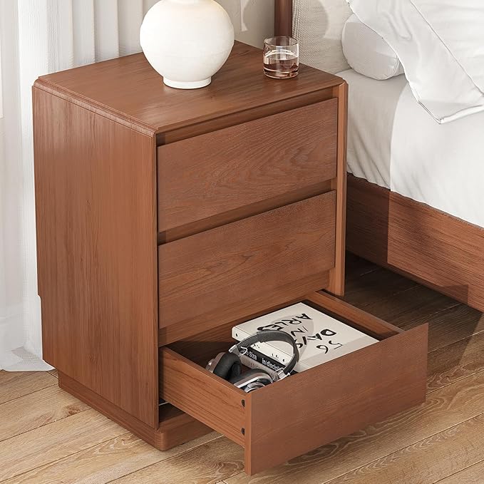 Solid Wood Nightstand Set of 2, Natural Wood Night Stand with 3 Drawers, Mid Century Modern Nightstand with Storage, Bedside Table for Bedroom, Office, Brown