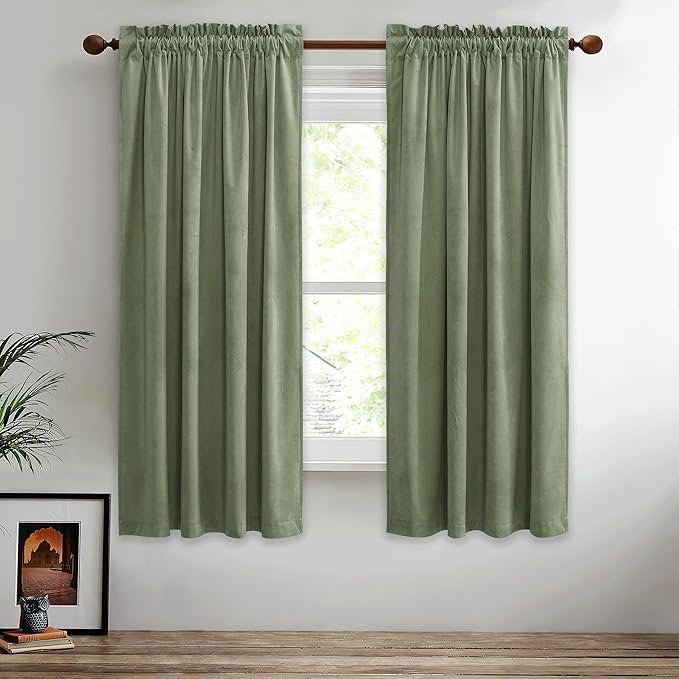 StangH Sage Green Small Window Curtains 63 inches Long, Thick Warming Velvet Curtains Room Darkening Privacy Protect for Bedroom Elegant Decor for Living Room, W52 x L63, 2 Panels Set