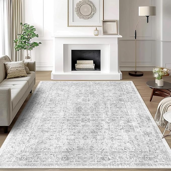 3x5 Rug, Small Area Rug for Living Room, Bedroom, Kitchen, Machine Washable Non-Slip Throw Rug, Vintage Distressed Floral Carpet for Entryway Nursery Dinner Room - Durable (Grey)