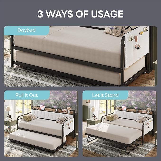 LIKIMIO Daybed with Trundle Bed, Twin Bed Frame with Storage Headboard and Charging Station, Sofa Day Bed with Strong Supports for Living Room, Bedroom, and Guest Room, Cream
