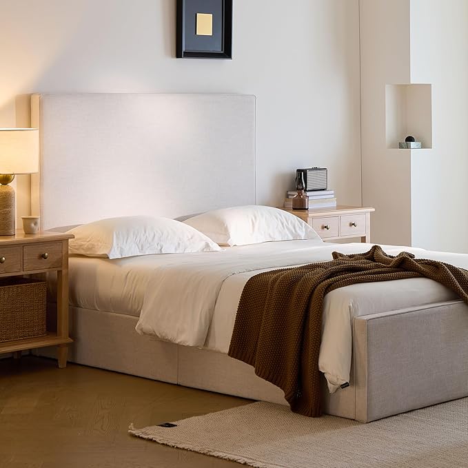Queen Size Upholstered Bed Frame, 52" High Headboard Wingback Bedframe, Lucas Tall Headboard Floor Platform Beds, No Box Spring Needed No Noise/Minimalist, Textured Lvory Canvas Chenille