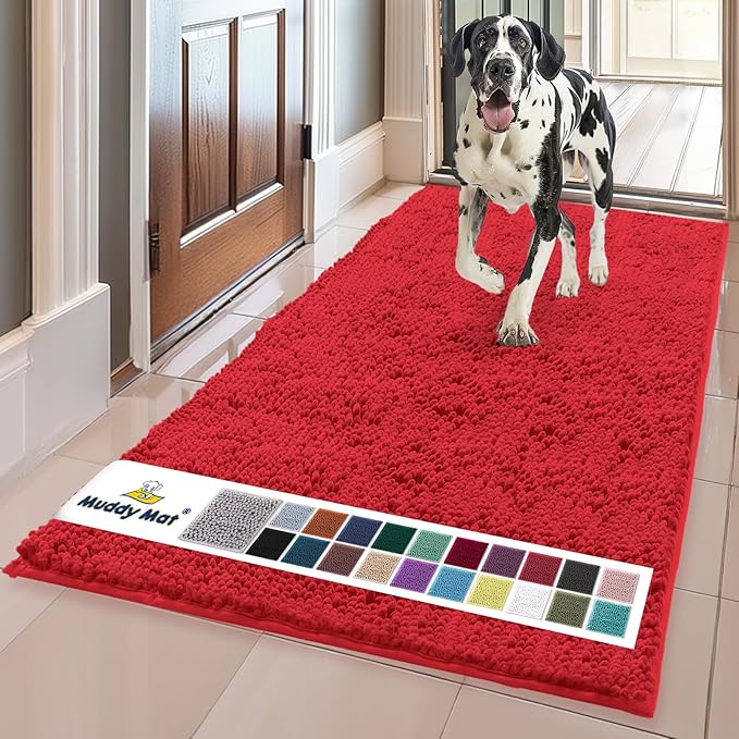 Muddy Mat® Shown on TV – Super Absorbent Microfiber Dog Door Mat for Muddy Paws, Non-Slip Washable Pet Rug, Quick Dry Chenille Entryway Carpet, Machine Washable Indoor Outdoor mat, Red 59"x35"