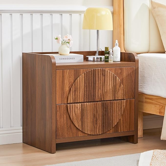 Turtle&Myrtle 24 Inch Wide Fluted Nightstands, Large Night Stand with 2 Drawers, Mid Century Modern Bedside Table End Table with Storage for Bedroom Living Room Office (Walnut)