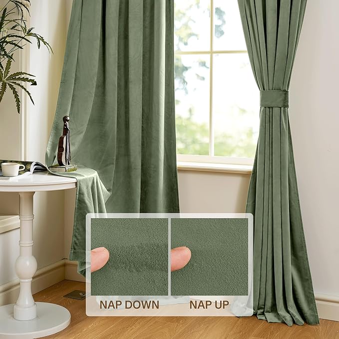 StangH Sage Green Velvet Curtains for Nursery Bedroom Rod Pocket Room Darkening Privacy Curtain Panels Heritage Plush Heat Insulation Drapes for Living Room, W62 x L84, 2 Panels