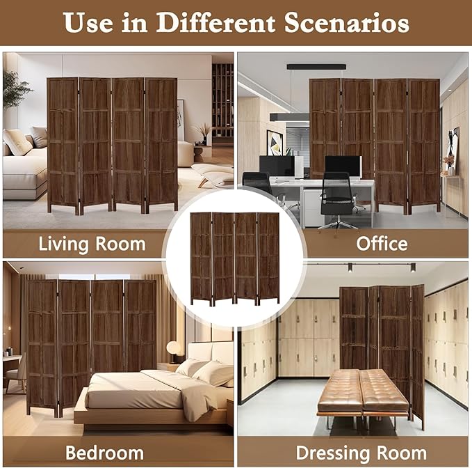 4 Panel Room Divider, 5.6Ft Wood Room Dividers and Folding Privacy Screens, Room Divider Wall Freestanding Room Partitions, Room Dividers Screen for Home Office Bedroom, Dark Brown