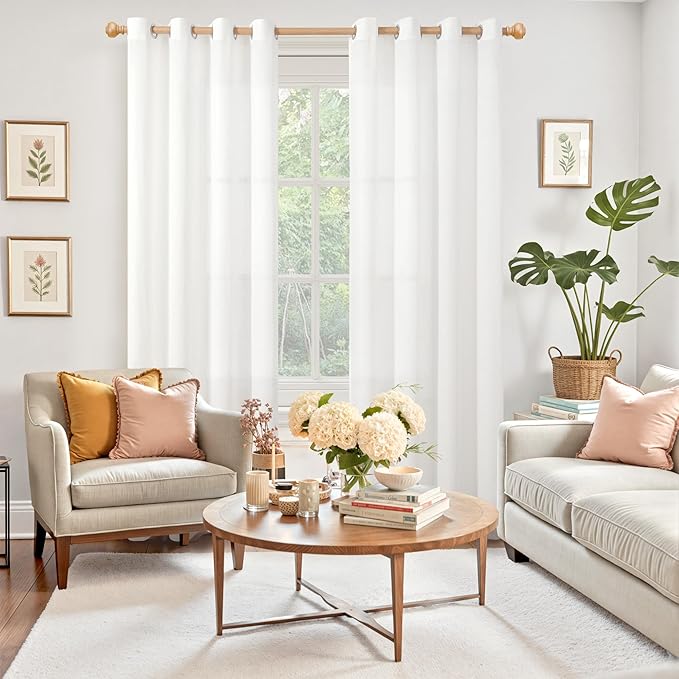 YoungsTex White Linen Sheer Curtains 80 Inches Length for Living Room, Grommet Window Drapes Light Filtering for Bedroom Office Privacy, 2 Panels, 52 X 80 Inch