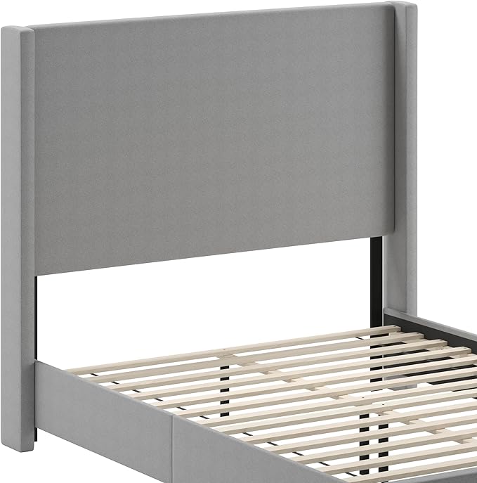 EMMA + OLIVER Nora Queen Size Faux Linen Upholstered Platform Bed with Plush Padded Wingback Headboard (No Box Spring Needed), Modern Upholstered Headboard Queen Bed Frame, Gray