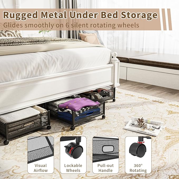 Under Bed Storage on Wheels, Upgraded 31.5 inch Large Rolling Under Bed Storage, Metal Foldable Underbed Drawers Organizer Tool-free Assembly Underbed Shoes Clothes Organize