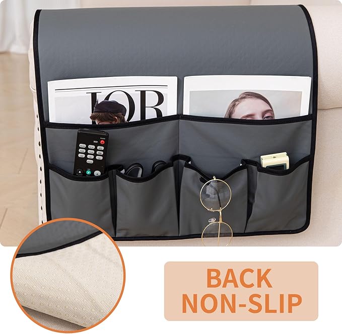 HAOMAIJIA Anti Slip Sofa Armrest Organizer Arm Chair Bedside Caddy Storage Organizer For Recliner Couch With 6 Pockets For Cell Phone Tv Remote Control (Dark Gray, 31.89 inches × 18.5 inches)