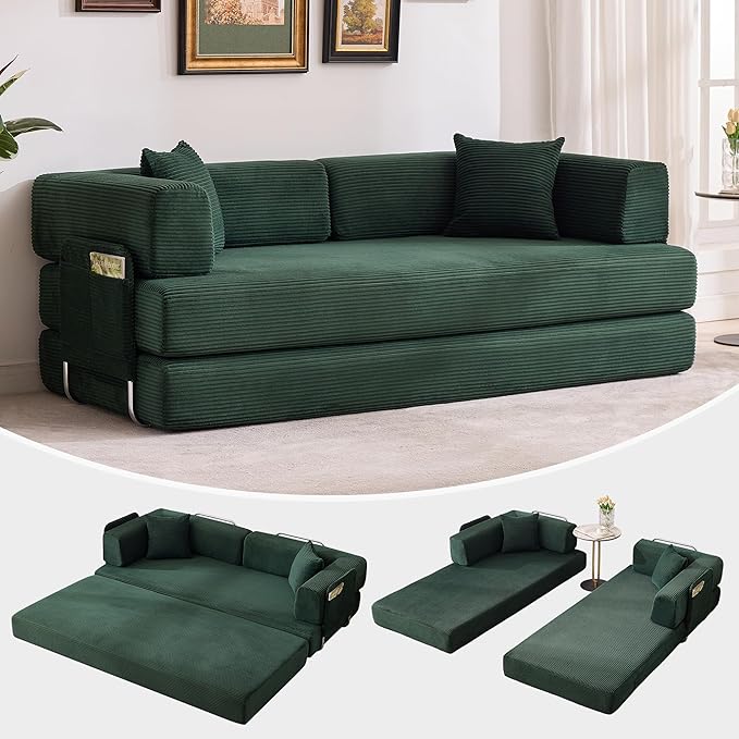 Garvee 5-in-1 Convertible Sofa Bed, 78.8" Modular Corduroy Sleeper with Sturdy Frame & No Assembly, Multi-Functional Futon for Small Space, Living Room & Guest Room (Dark Green)