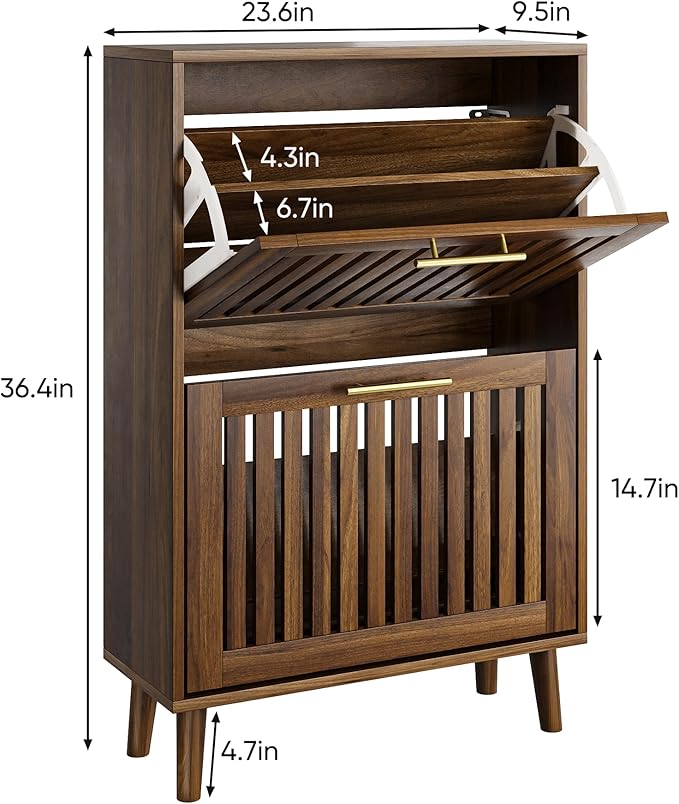 Vibe & Dine 2 Flip Drawer Shoe Cabinet, Narrow Shoe Rack with Gold Handles, Freestanding Shoe Storage Cabinet for Entryway Slim, Wood Shoe Organizer Cabinet for Hallway, Bedroom, Walnut