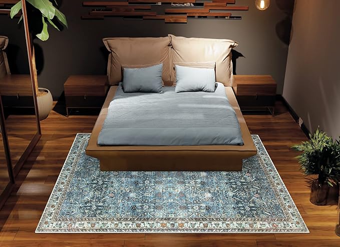 Bloom Rugs Washable Non-Slip 8' x 10' Rug - Blue/Beige Traditional Area Rug for Living Room, Bedroom, Dining Room, and Kitchen - Exact Size: 8' x 10'