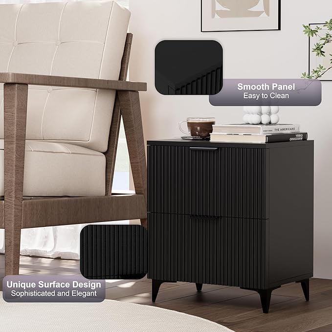 Royal Windsor Small Fluted Nightstand Set of 2 with 2 Drawers, Side End Table, Small Accent Storage Cabinet, Modern Night Stand Bedside Table for Bedroom Full Size Bed, Black