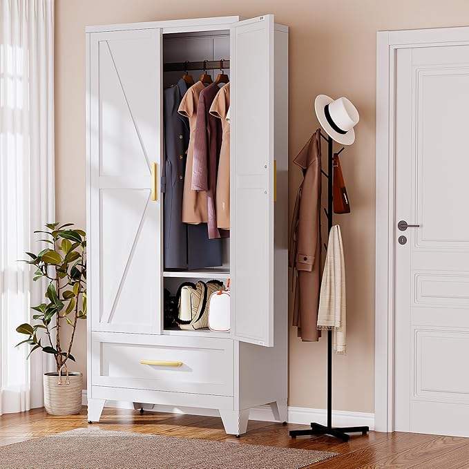 Metal Armoire Wardrobe Closet,71" Tall White Storage Cabinet with Hanging Rod,1 Drawers & 1 Adjustable Shelves,Heavy-Duty Steel Wardrobe for Bedroom, Garage, and Office