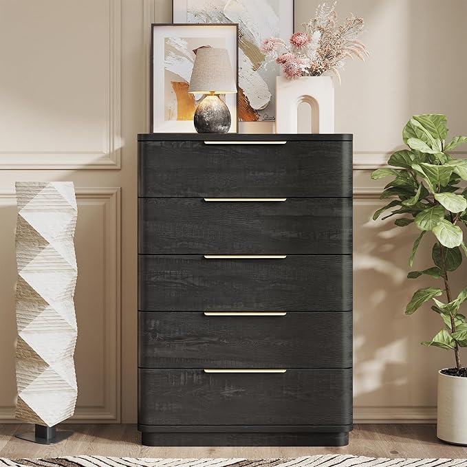 5 Drawer Dresser for Bedroom, 45" Tall Modern Chest of Drawers with Metal Handle, Curved Profile Design, Wooden Closet with Large Drawers Dressers Organizer for Entryway Hallway