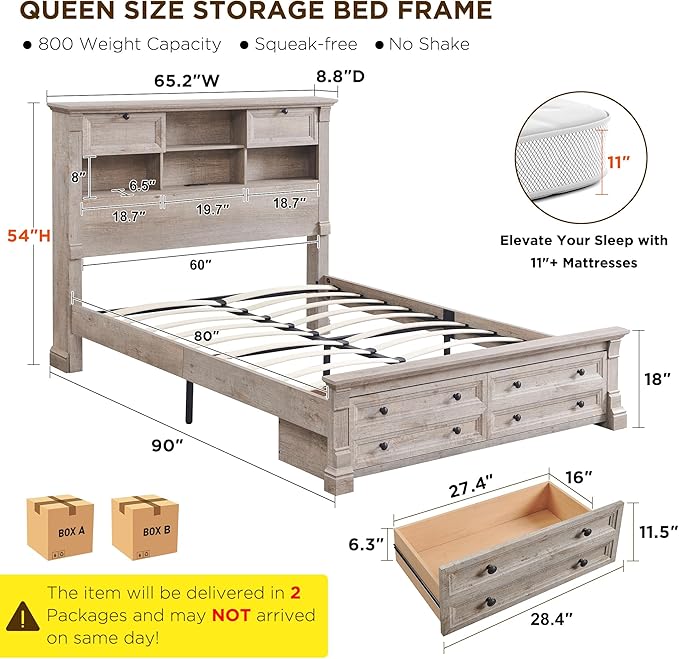 T4TREAM Farmhouse Queen Size Bed Frame with 54" Tall Storage Bookcase Headboard, Wood Platform Bed Frame with 18" Roman Column Decoration Footboard & 2 Drawers, No Box Spring Needed(Light Rustic Oak)
