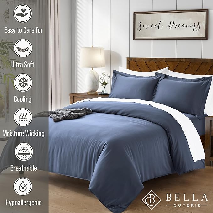 Bella Coterie Luxury Bamboo Viscose King Size Duvet Cover Set | 100% Organically Grown | Corner Ties | Ultra Soft | Cooling | Two Pillow Shams | 106 x 94 | No Insert [Slate Blue]