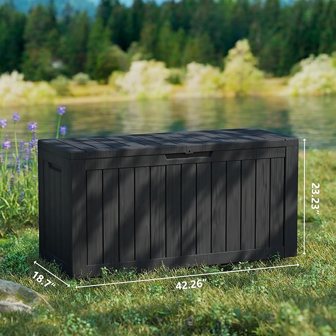 80 Gallon Outdoor Storage Box Waterproof, Resin Deck Boxes with Lockable Lid & UV-Resistant for Patio, Pool, Garden Furniture Cushions & Accessories, Black