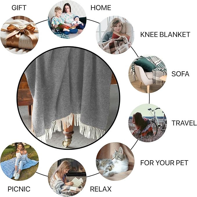New Zealand Virgin Wool Throw Blanket, Indoor & Outdoor, Soft Blanket with Fringes, 55 x 79 in (140 x 200 cm)
