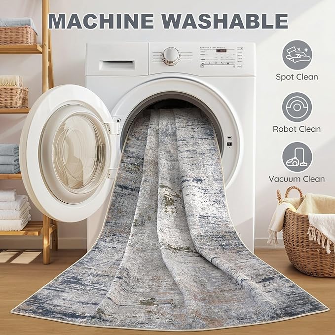 Area Rug Living Room Rugs - 8x10 Washable Large Soft Indoor Neutral Modern Abstract Low Pile Rug Carpet for Bedroom Dining Room Farmhouse Home Office - Blue/Grey/Brown