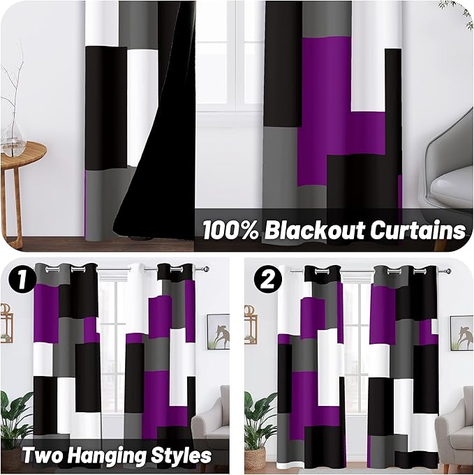 Purple 100% Blackout Curtains for Bedroom 63 inch Length 2 Panels Set Black Grey Modern Abstract Geometric Black Out Curtains Insulated Room Darkening Window Drapes for Living Room, 42Wx63L