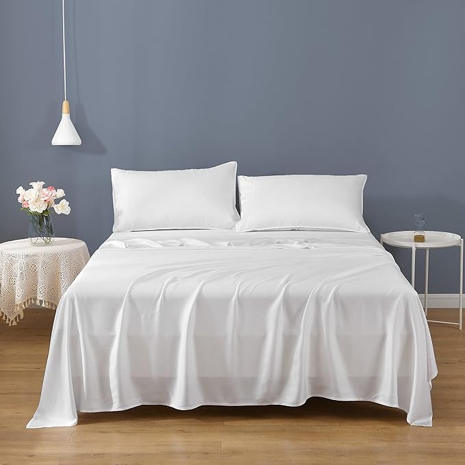 Full Sheets, Rayon Derived from Bamboo, Cooling Bed Sheets Set,Deep Pocket Up to 16", 4 Pieces Silky Soft, Breathable Bedding Sheets & Pillowcases(White,Full)