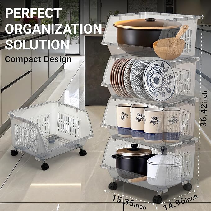 TidyFriend Plastic Stackable Bins - 4 Pack Large Stacking Bins Open Front For Toy Organizers and Storage, Pantry, Kitchen, and Bathroom Essentials (Light Grey)
