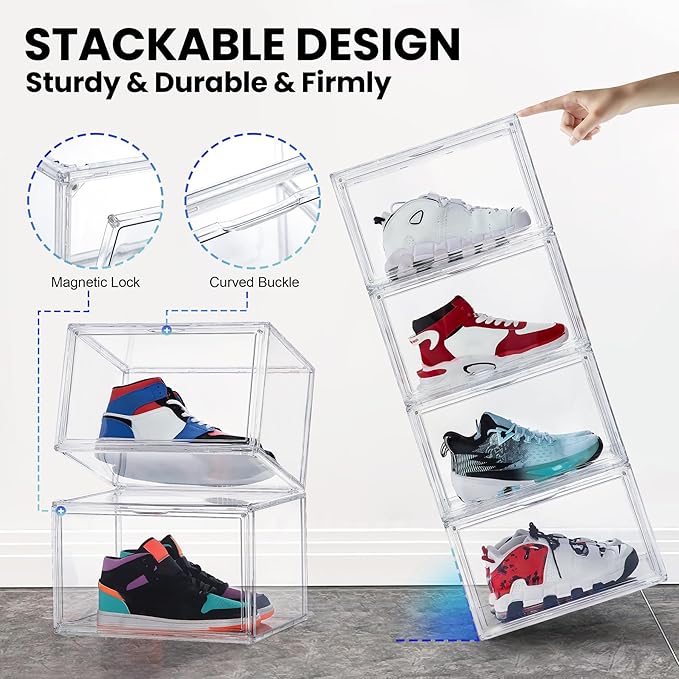 12 Pack Shoe Boxes, Acrylic Clear Shoe Boxes,360°Clear Plastic Stackable Shoe Display Box, Larger Shoe Storage Boxes, Shoe Containers, fit up to Us size 14 (Side Open)