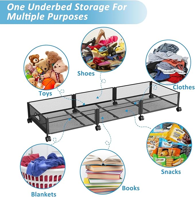 Under Bed Storage with Wheels 47.2"(L)/57.6L Large Rolling Under Bed Storage, Metal Underbed Containers on Wheels, Tool-Free Assembly Foldable Metal Underbed Drawers for Shoes Clothes Toys