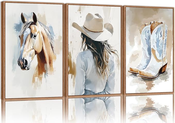 YeeHomedec Large Western Cowgirl Posters Framed Canvas Wall Art Set, Blue and White Horse Wall Decor, Glam Rodeo Boots Art Print, Vintage Country Hat Artwork for Living Room Bedroom Dorm 16"x24"x3