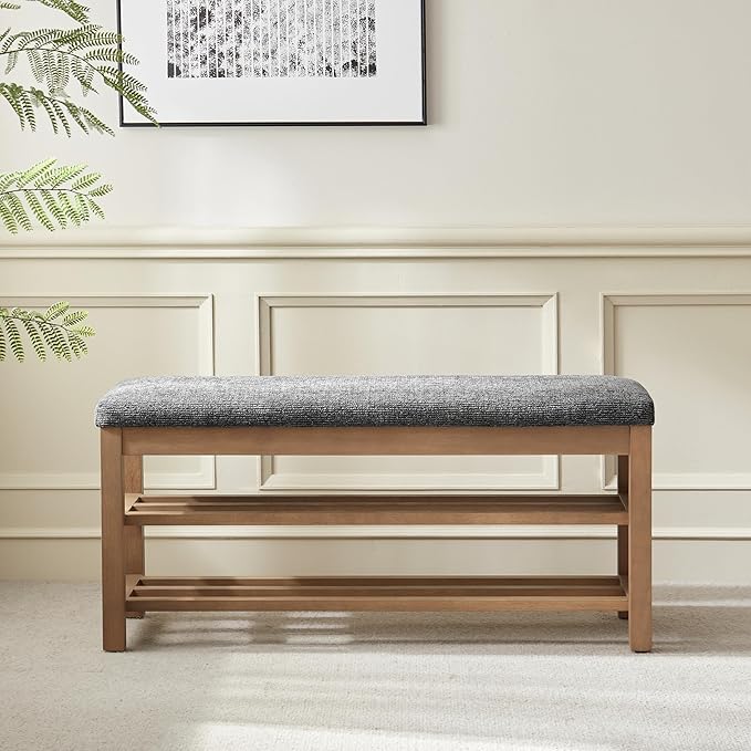 VKNOW 44.3” Wooden Entryway Bench, 2-Tier Upholstered Shoe Bench for Bedroom, Storage End of Bed Bench with Rubberwood Legs for Living Room, Hallway, Black