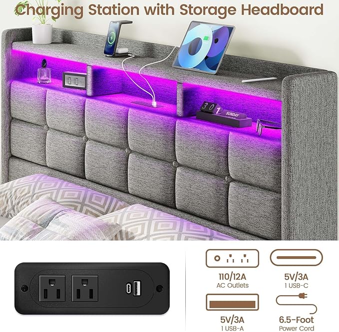 Lift Up Queen Bed Frame with Storage, Upholstered Bed Frame Queen Size with LED Lights Headboard and Charging Station, No Box Spring Needed, Easy Assembly - Light Grey