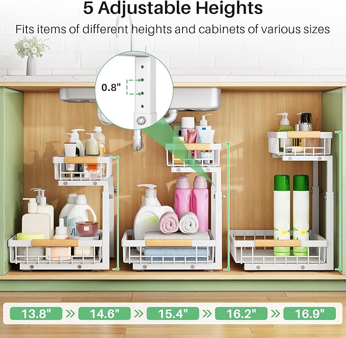 Kitstorack Under Sink Organizer, 2 Packs 2 Tier Under Sink Organizers and Storage, Slide out Pull out Cabinet Organizer Shelf, Metal Sliding Drawer for Kitchen Bathroom Pantry Closet Rack(White)