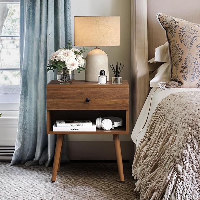 Hidden Compartment Night Stand Set 2, Mid Century Modern Concealment Furniture, End Table with Storage Drawer, Bedside Table with Wood Legs for Bedroom (2,Walnut)