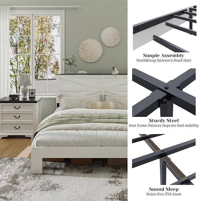 King Size Farmhouse Wooden Bed Frame with Headboard, Boho Platform Bedframe Sturdy Metal Slats Support, Spring Needed, Noisy Free, Easy Assembly (King, White)