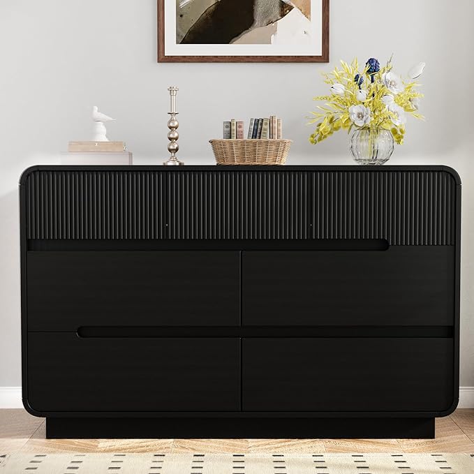 7 Drawer Dresser and 2 Nightstand Sets for Bedroom 3 Pcs Bedroom Set, Modern 47.2" Fluted Dresser with Invisible Handles Nightstand Charging Station, Bedroom Furniture Set for Living Room, Black