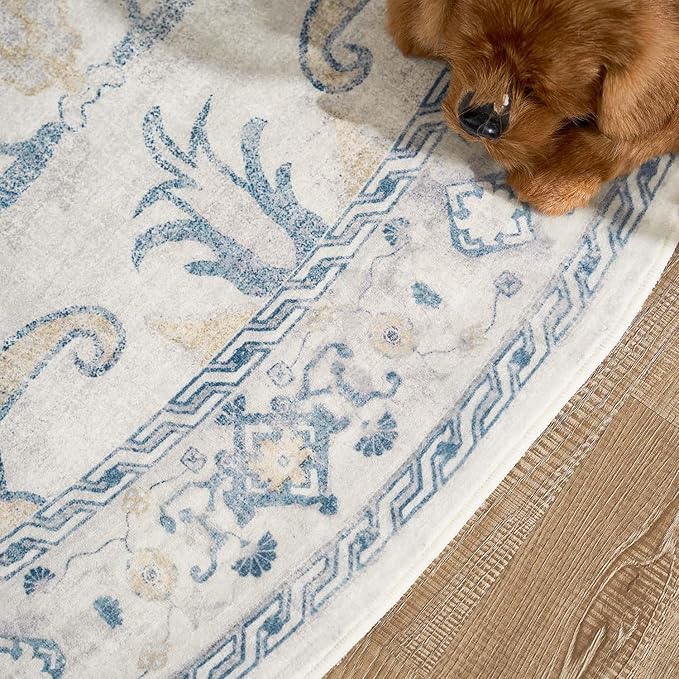 jinchan Round Rug 7ft Area Rug Vintage Floor Mat Kitchen Indoor Ultra-Thin Soft Floral Print Washable Circle 7' Accent for Farmhouse Non Slip Dining Room Living Room Bedroom Office Blue