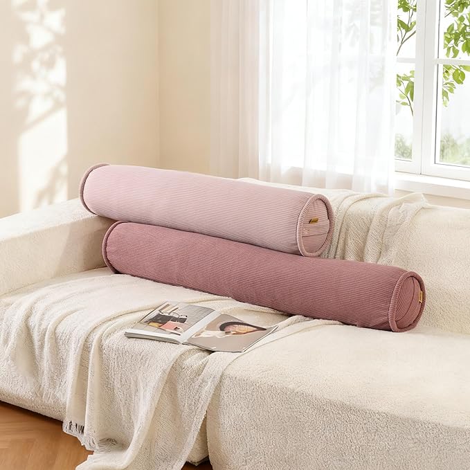 Long Pillow for Bed – Corduroy Round Bolster Pillow for Adults, Decorative Body Pillow for Sleeping or Sofa Support,39 x 7.87 Inches,Brick Brown