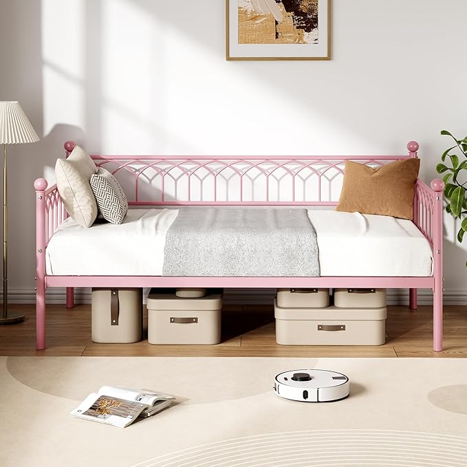 GarveeHome Twin Size Daybed, Sofa Bed Frame with Metal Steel Slat Support, Heavy Duty Metal Bed Frame, Space Saving, Easy Assembly, for Small Spaces, Living Room, Bedroom, Apartment, Pink