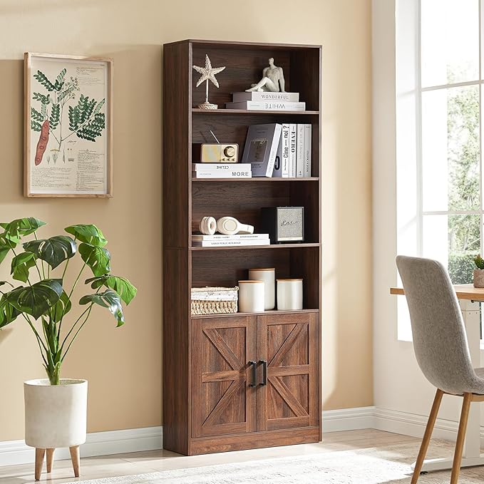 RWYHG 70in Tall Bookshelf 6 Tier Bookcase with Barn Doors and Adjustable Shelf, Brown Farmhouse Book Shelves with Storage Cabinet,Wood Floor Standing Display Bookshelve for Bedroom,Living Room,Kitchen