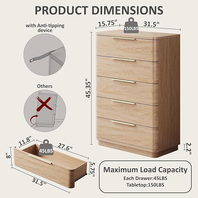 5 Drawer Dresser for Bedroom, 45" Tall Modern Chest of Drawers with Metal Handle, Curved Profile Design, Wooden Closet with Large Drawers Dressers Organizer for Entryway Hallway